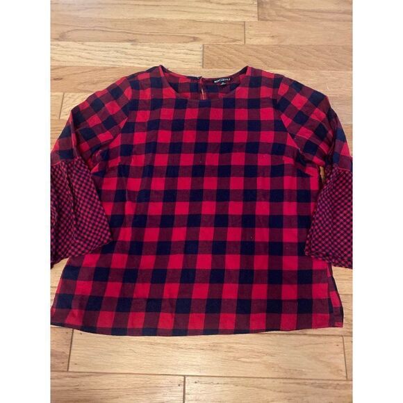 J. Crew Mercantile, women's red plaid 3/4 bell sleeve cotton top, size 12 - Picture 1 of 7